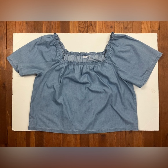 GAP Blue Ruched Puff Sleeve Blouse - Picture 3 of 7